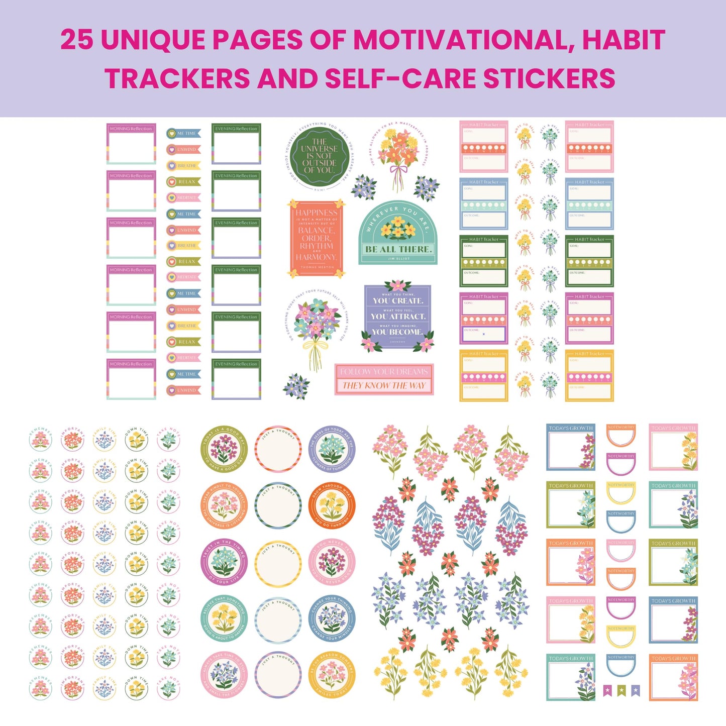 Wellness Sticker Book for Planners — 25 Sheets, 550+ Stickers | Habit Trackers, Motivational Quotes, Gratitude & Goal Trackers, Florals & Decor| Stickers for Planners, Journals & Scrapbooks