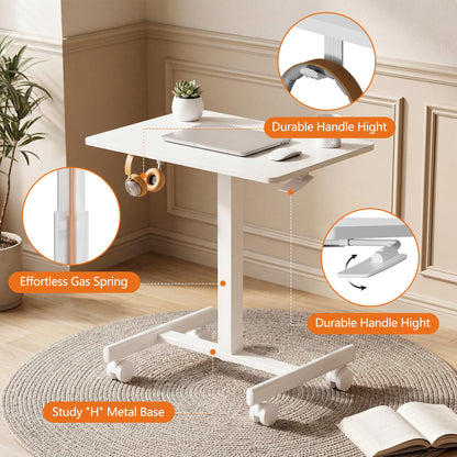 BPHEZJ Mobile Standing Desk with Wheels, Pneumatic Height Adjustable Rolling Computer Workstation with Lockable Casters (White)