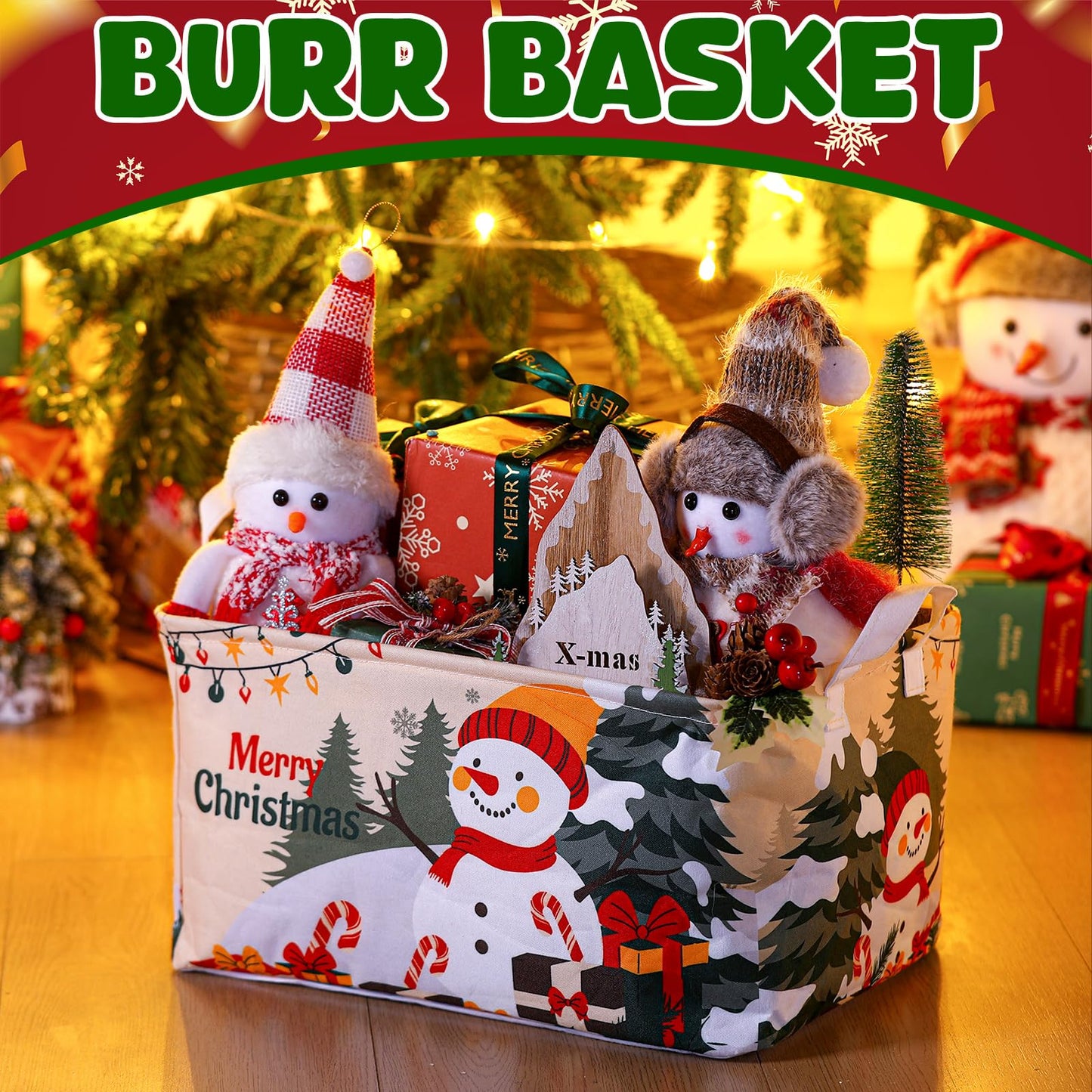 Breling 4 Pcs Christmas Storage Basket Gingerbread Man Santa Claus Snowman Basket with Handles Large Collapsible Storage Bins Boxes for Xmas Gift Laundry Shelves Home Office, 15 x 10 x 8 Inch