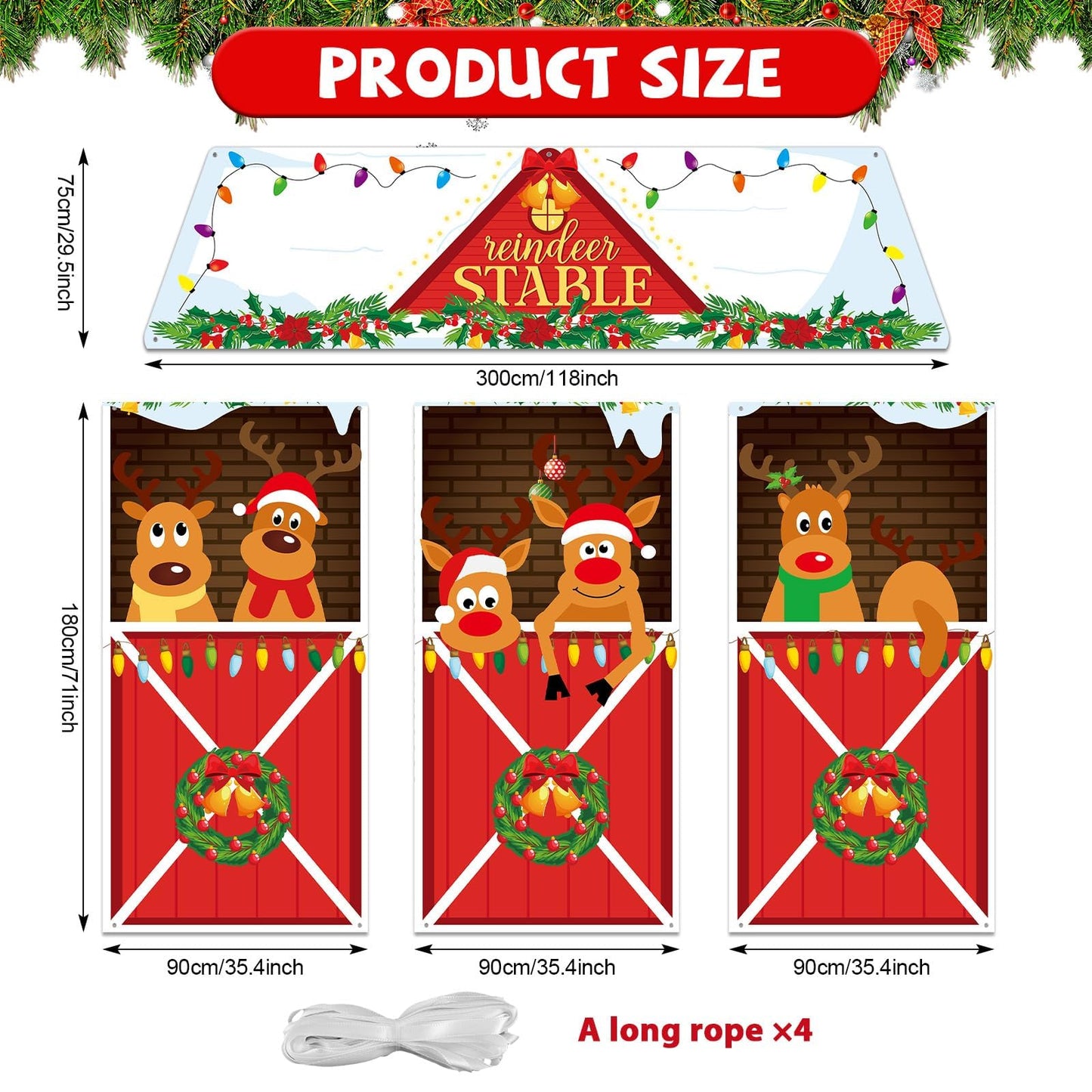 4 Pcs Christmas Deer Door Decorations Xmas Reindeer Stable Door Covers Backdrop Christmas Elk Snowflakes Hanging Banner Porch Sign for Holiday Wall Window Classroom Office Home Party Decor