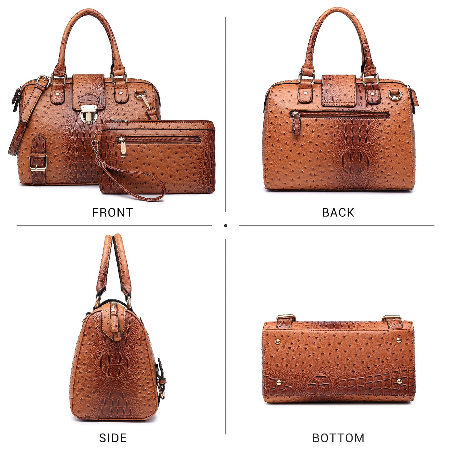 Dasein Women Barrel Handbags Fashion Satchel Bags Top Handle Shoulder Purses Vegan Leather Work Tote (Ostrich Brown)
