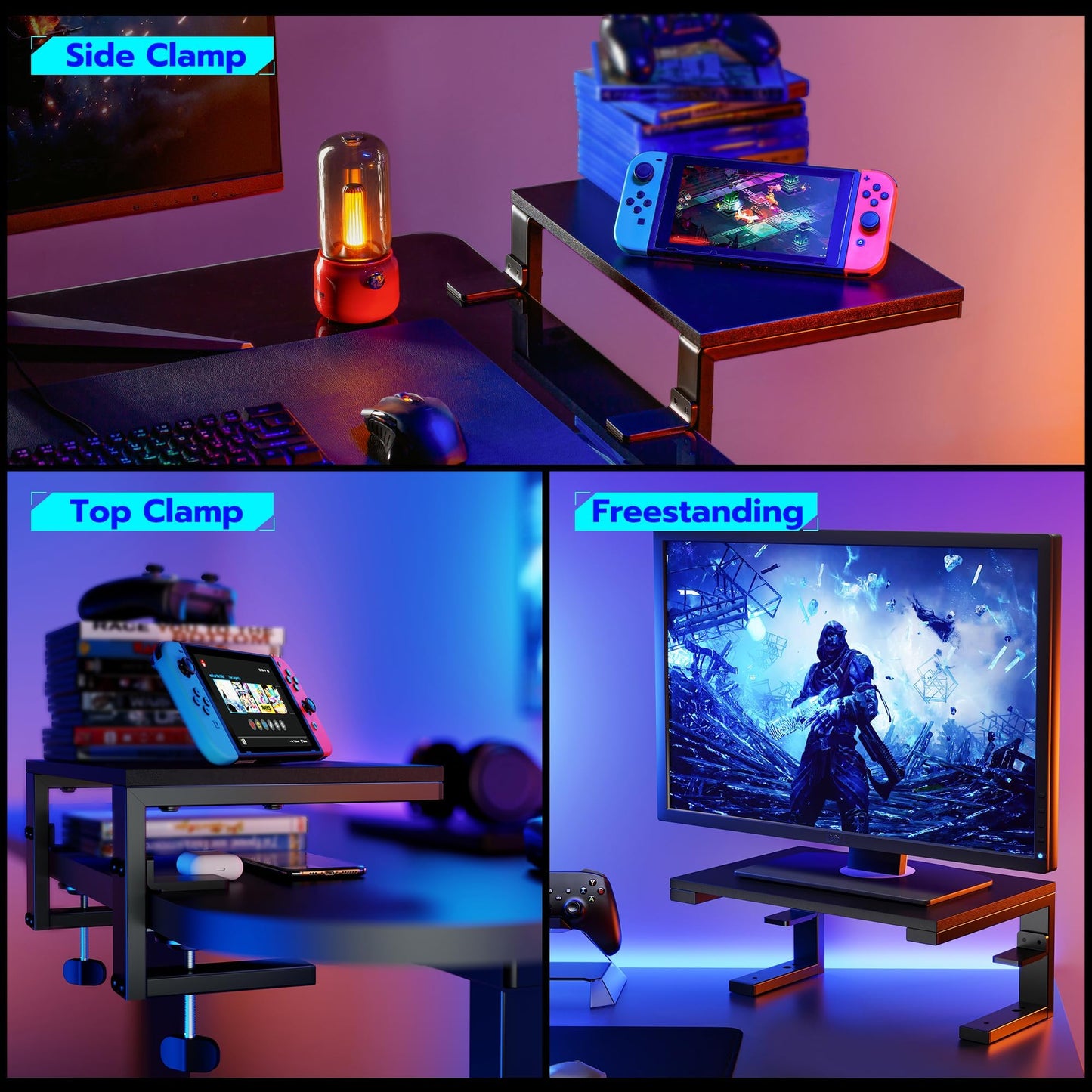 ARES WING Clamp-On Desk Extender & Monitor Shelf – 15" x 9.8" Space Booster, Freestanding or Clamp Mount, Holds 44 lbs, No Drill Desktop Organizer for Office/Gaming, Black