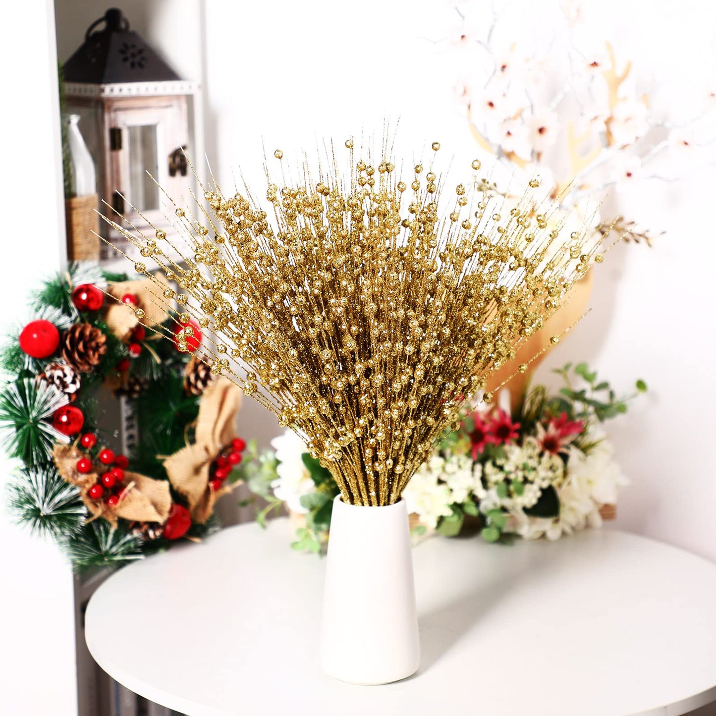 Geosar 30 Pcs Artificial Glitter Berry Stem Decorations 17 Inch Faux Stick Floral Pick Centerpiece Bouquet Flower Bead Twigs for Centerpiece Tree Wreath Ornaments Home(Gold)