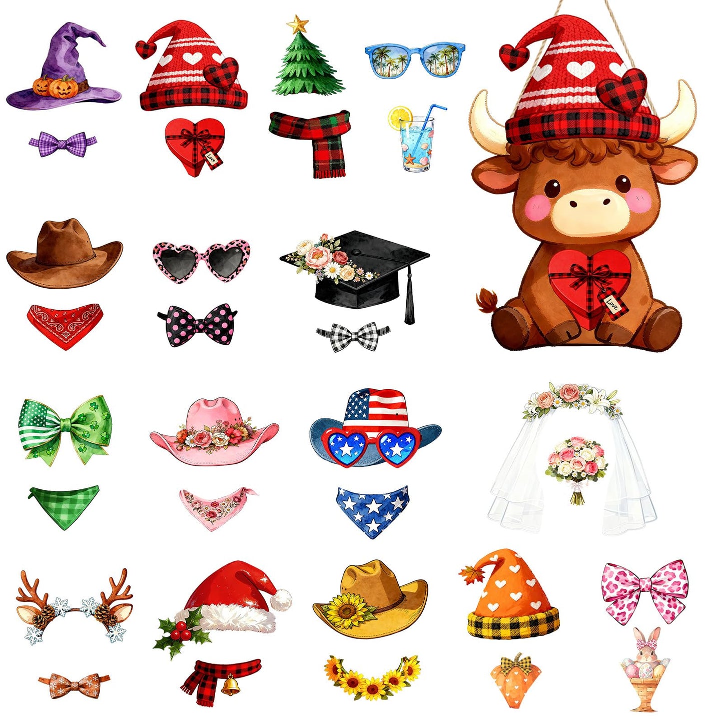Interchangeable Wooden Highland Cow Decorations, Christmas Hanging Wall Door Decor, Holiday Seasonal Decor and Detachable Hats Welcome Sign, Farmhouse Hanging Sign for Front Door, 32 PCS