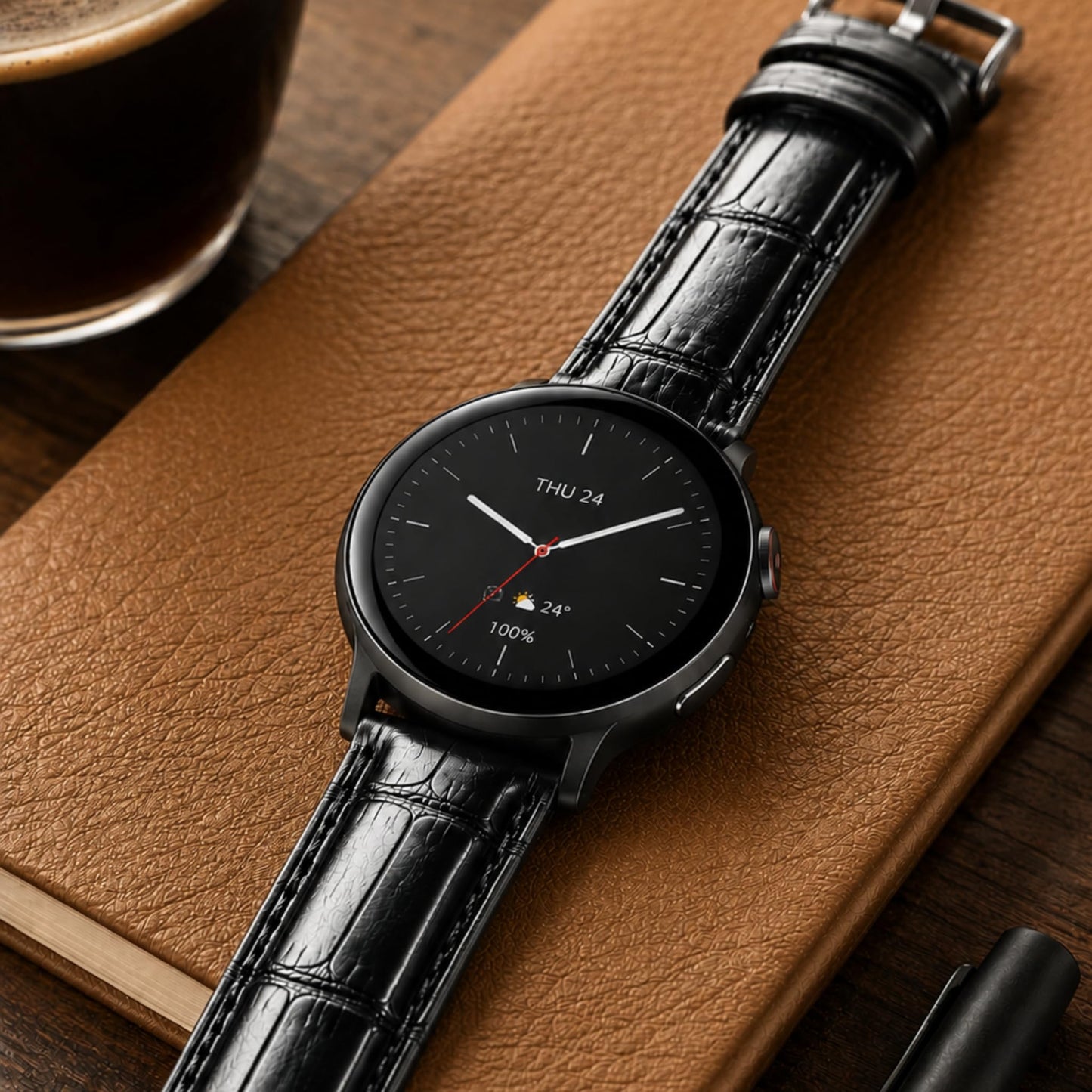 Bandini Mens 18mm Extra Long Leather Watch Band for Large Wrists – Premium Top Grain Alligator Embossed Strap, Durable Replacement, Soft Comfortable Fit, Black with Stitch
