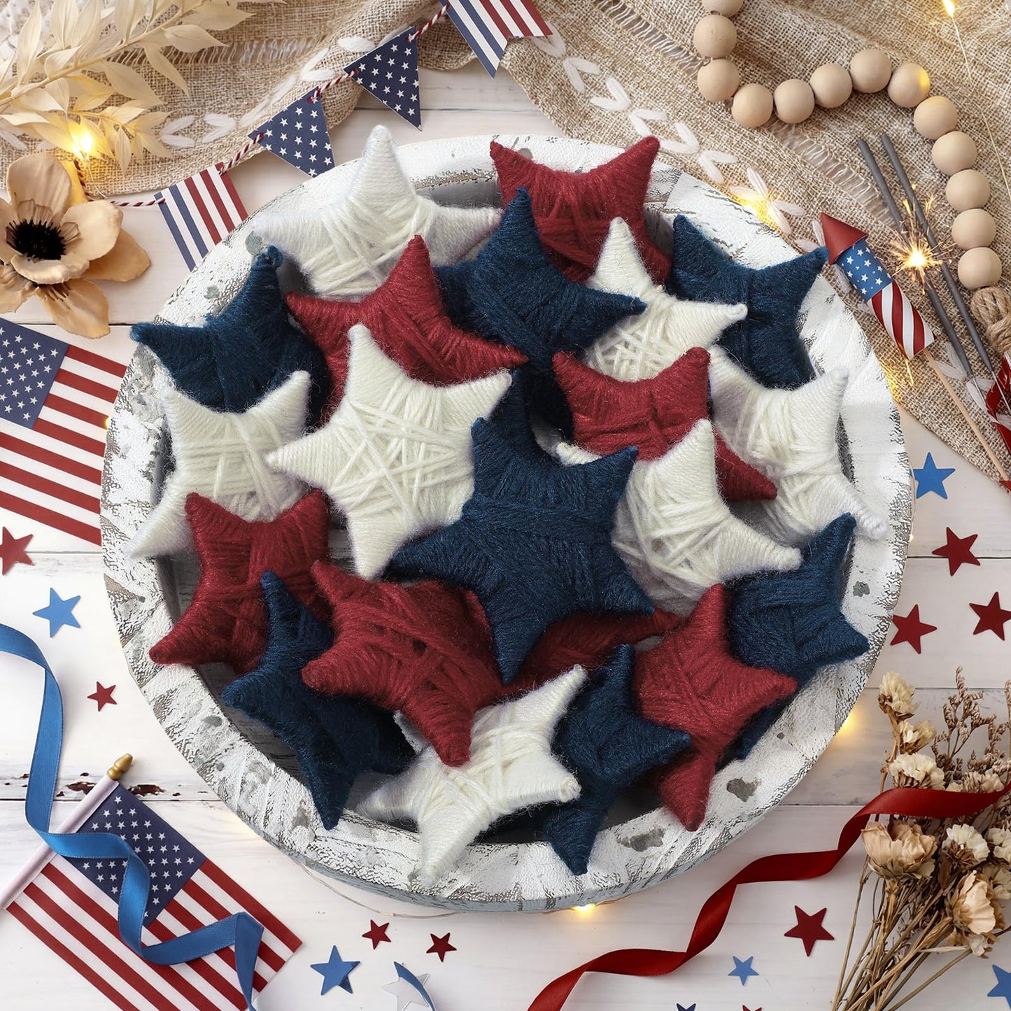 Daifunli 24 Pcs 4th of July Patriotic Ornaments Yarn Red Blue White Star Ornaments Farmhouse Handmade Star Vase Bowl Fillers Hanging 250th Anniversary Decoration for Home Small Tree Table Wreath Decor