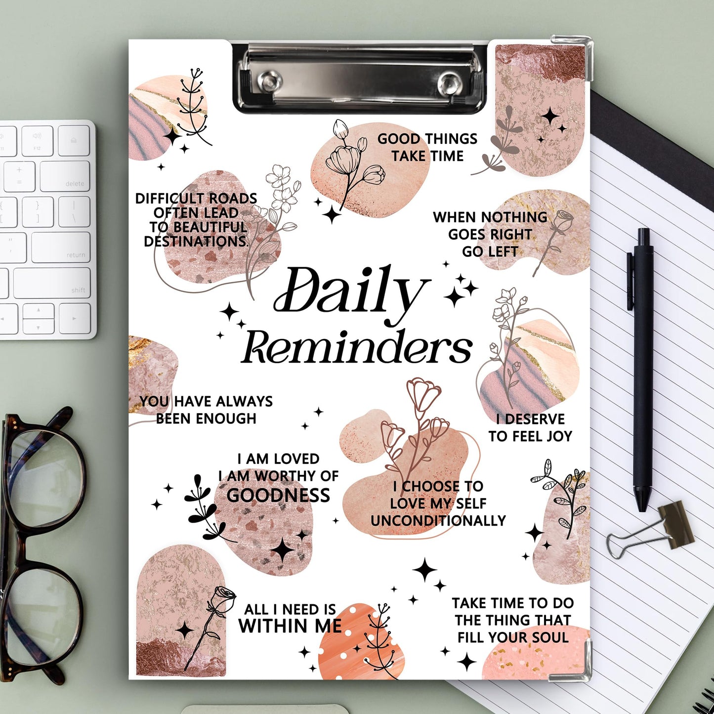 KU-DaYi Boho Inspirational Daily Reminders Clipboard Padfolio with Storage Pocket, Positive Affirmations Gifts for Women Low Profile Clip Boards for Nurse Office Classroom, 12.4 x 9.25 in