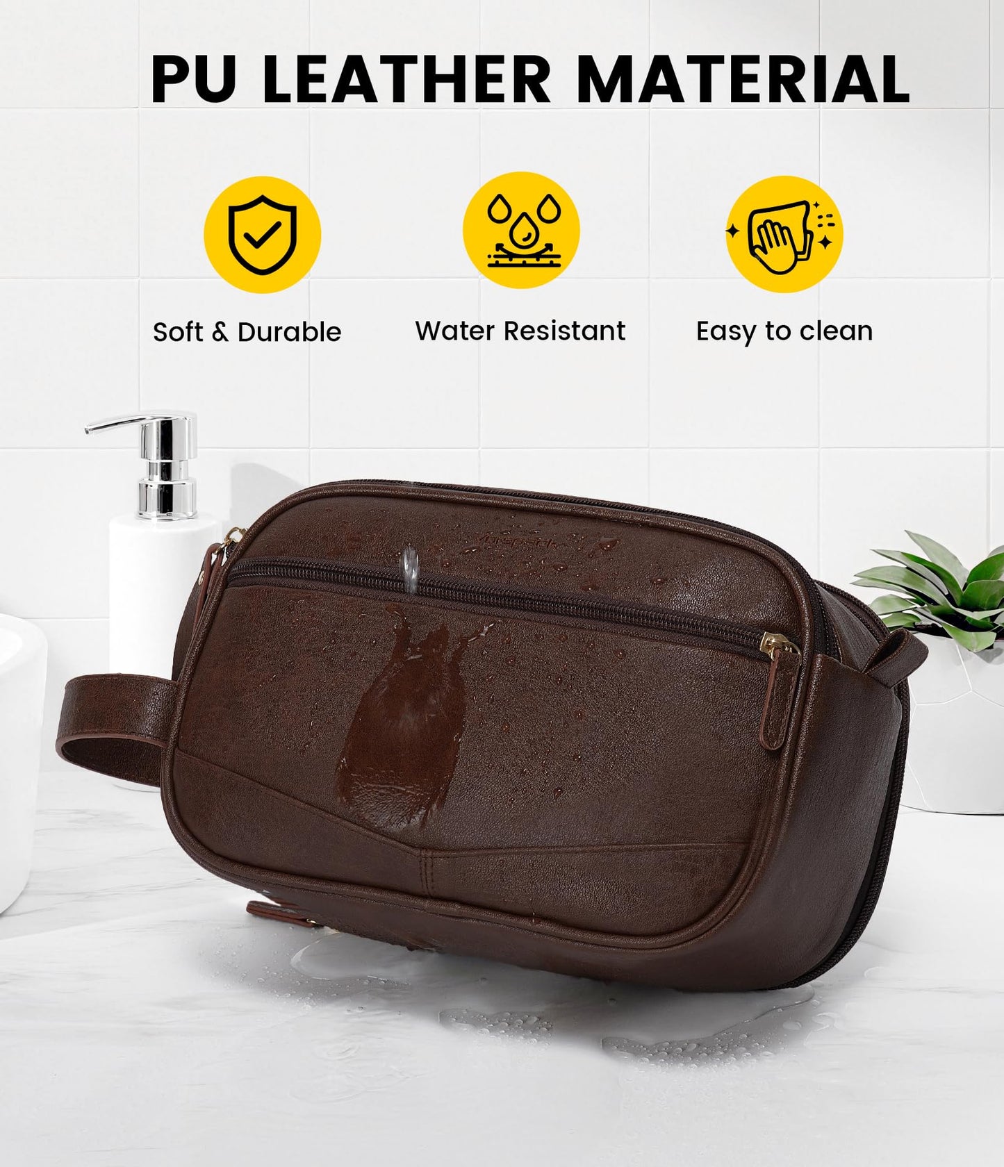 Vorspack PU Leather Toiletry Bag for Men - Water Resistant Travel Bag for Toiletries, Shaving, Grooming, Bathroom Essentials - Dark Brown