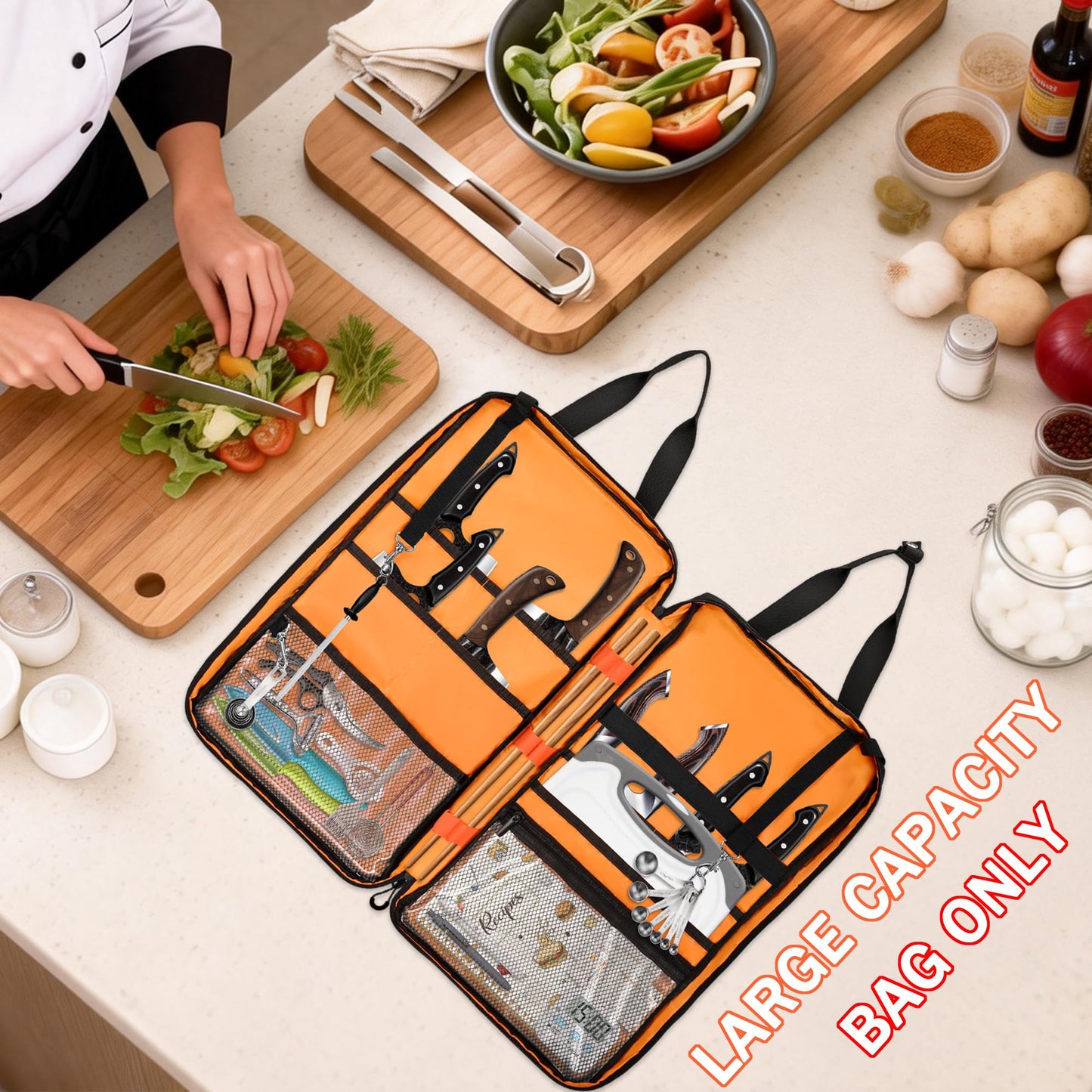 FURIMETY Professional Knife Bag with Front Pocket for Cookbook & Pad, Chef Knife Bag With Shoulder Strap, Knife Carrying Case for Kitchen Tools & Chef Utensils, Quilted Black