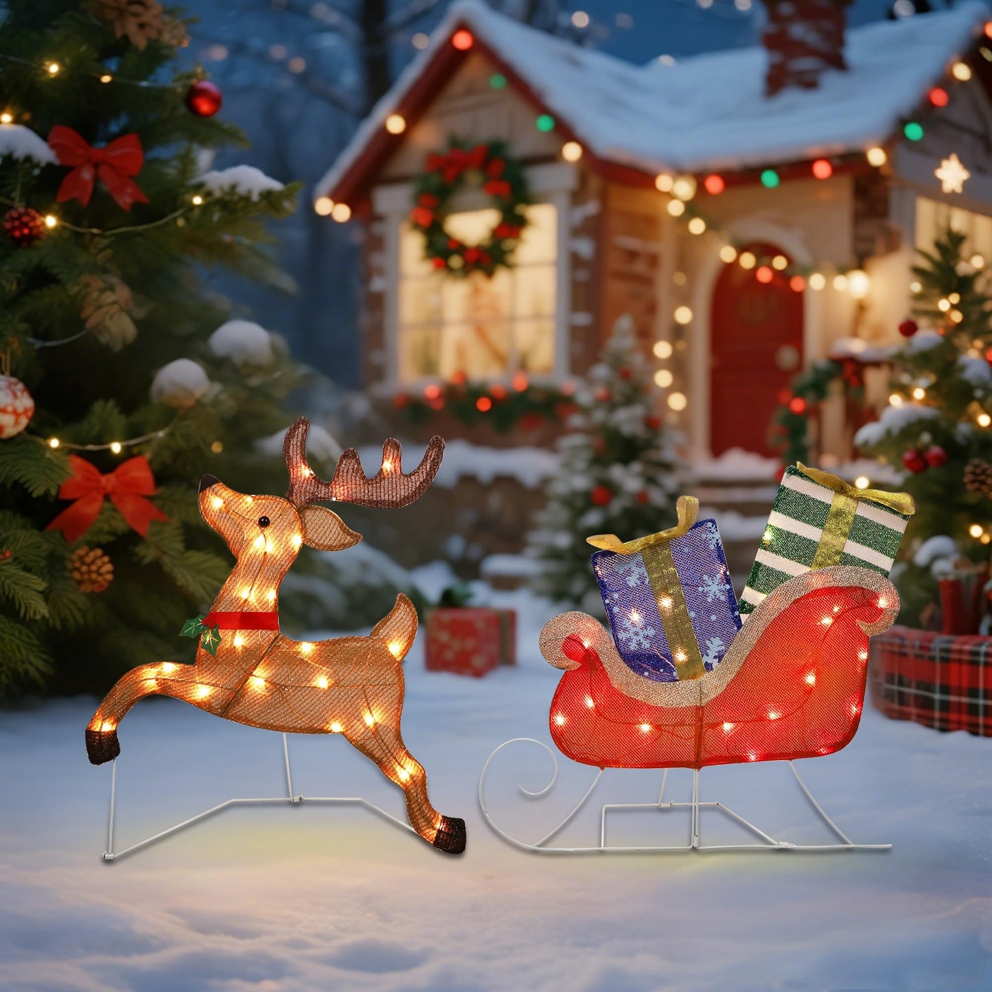 Prsildan Christmas Lighted Decoration 25" x 44" Reindeer, 50 Lights Christmas Reindeer with Sleigh & Gift Boxes, Light up Decorations for Indoor Outdoor Home Kitchen Yard Garden Holiday Party