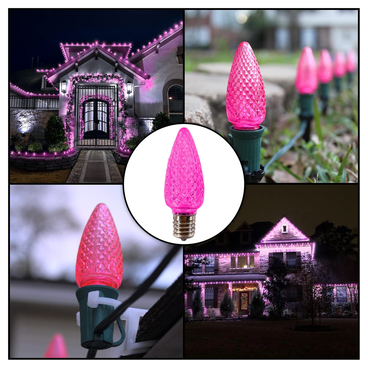 MIK Solutions C9 LED Bulb (Pack of 25) LED Pink Replacement Christmas Light Bulbs Faceted Retrofit Candle Shape Commercial Grade E17 Socket Roof Lights Bulbs