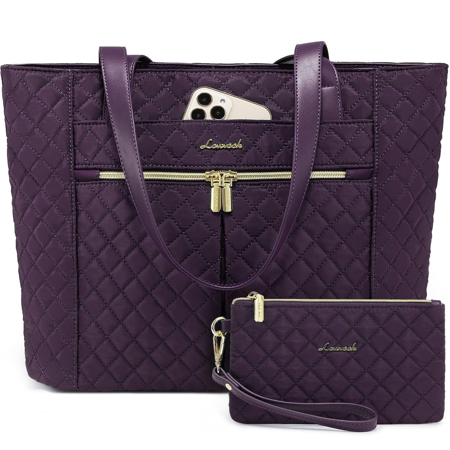 LOVEVOOK Laptop Bag for Women, Stylish Diamond Quilted Work Tote with Clutch Purse, 15.6-inch Purple Tote
