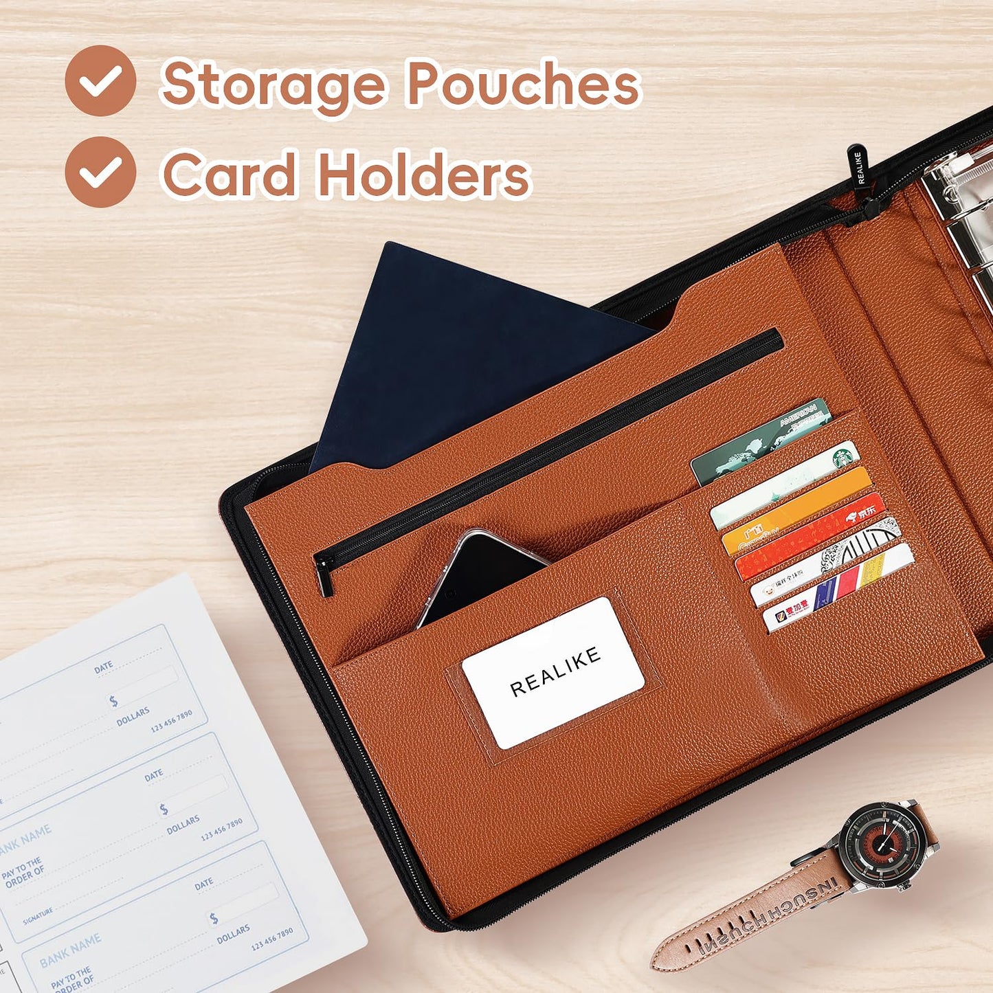 REALIKE Zippered Business Checkbook Binder for Business Checks, 7 Ring Check Binder for 9x13 Sheets,600 Checks Capacity, PU Leather Portfolio with Zipper Pouch & Storage Organizer
