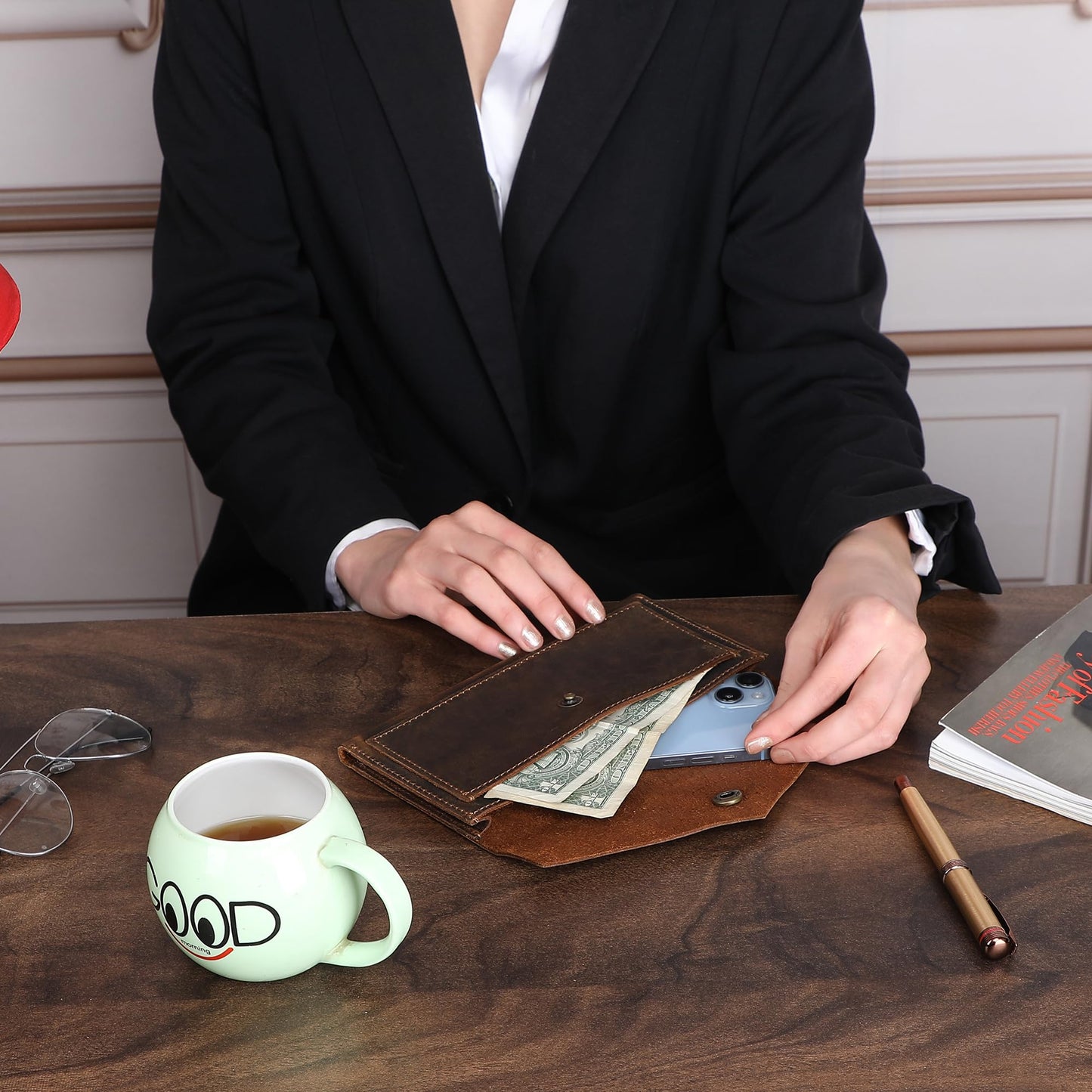 TheAntiq Brown Leather Cash Envelopes for Money - Small Money Pouch With Mobile Holder, Handmade Leather Wallets Currency Holder - Money Organizer for Cash Money Bag for Travel Wallets for Women