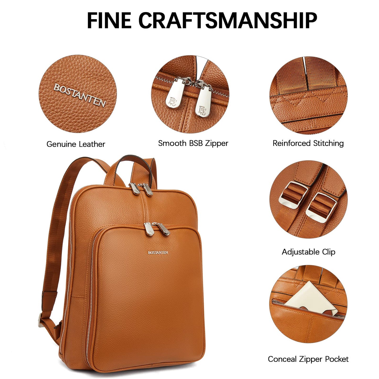 BOSTANTEN Genuine Leather Backpack Purse for Women Casual College Travel Bags Brown