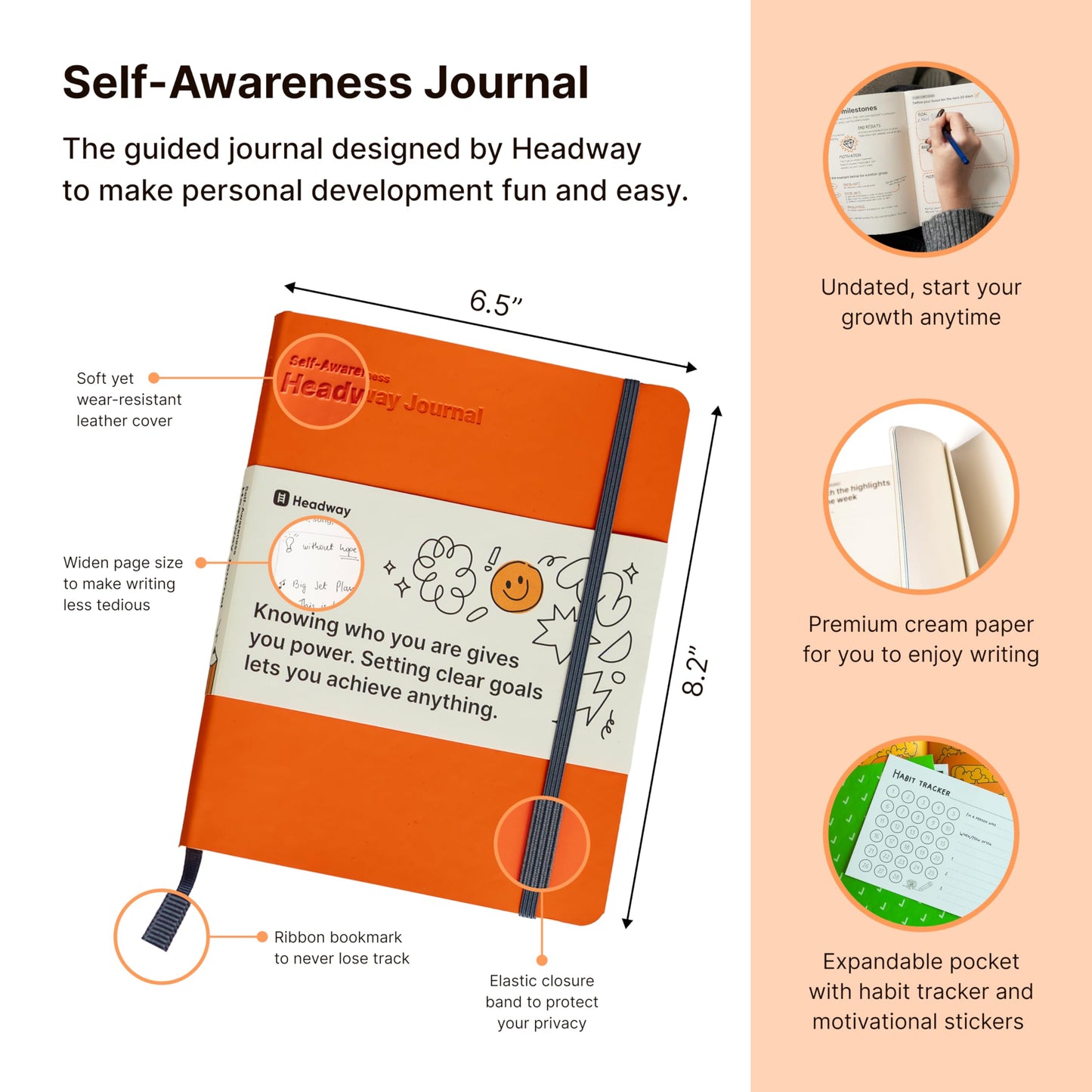 Headway Self-Awareness Guided Journal for Women, Daily Self-Care Planner with Prompts, Motivation Gratitude & Mental Health Journal, Leather Soft Cover Mindfulness Habit Tracker, 8.2" x 6.5", Orange