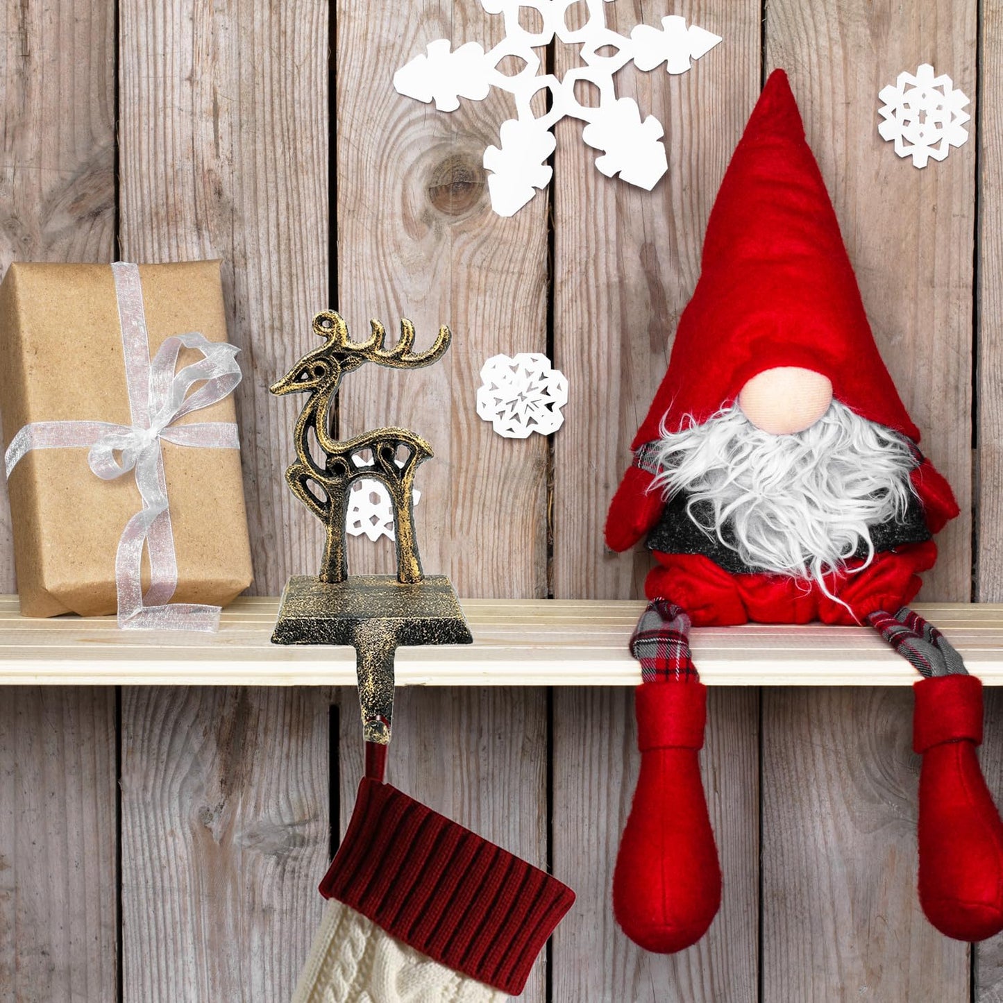 2 Pieces Reindeer Christmas Stocking Holder Christmas Hooks Skid Mantel Hooks Hanger for Fireplace Free Standing Christmas Decorations