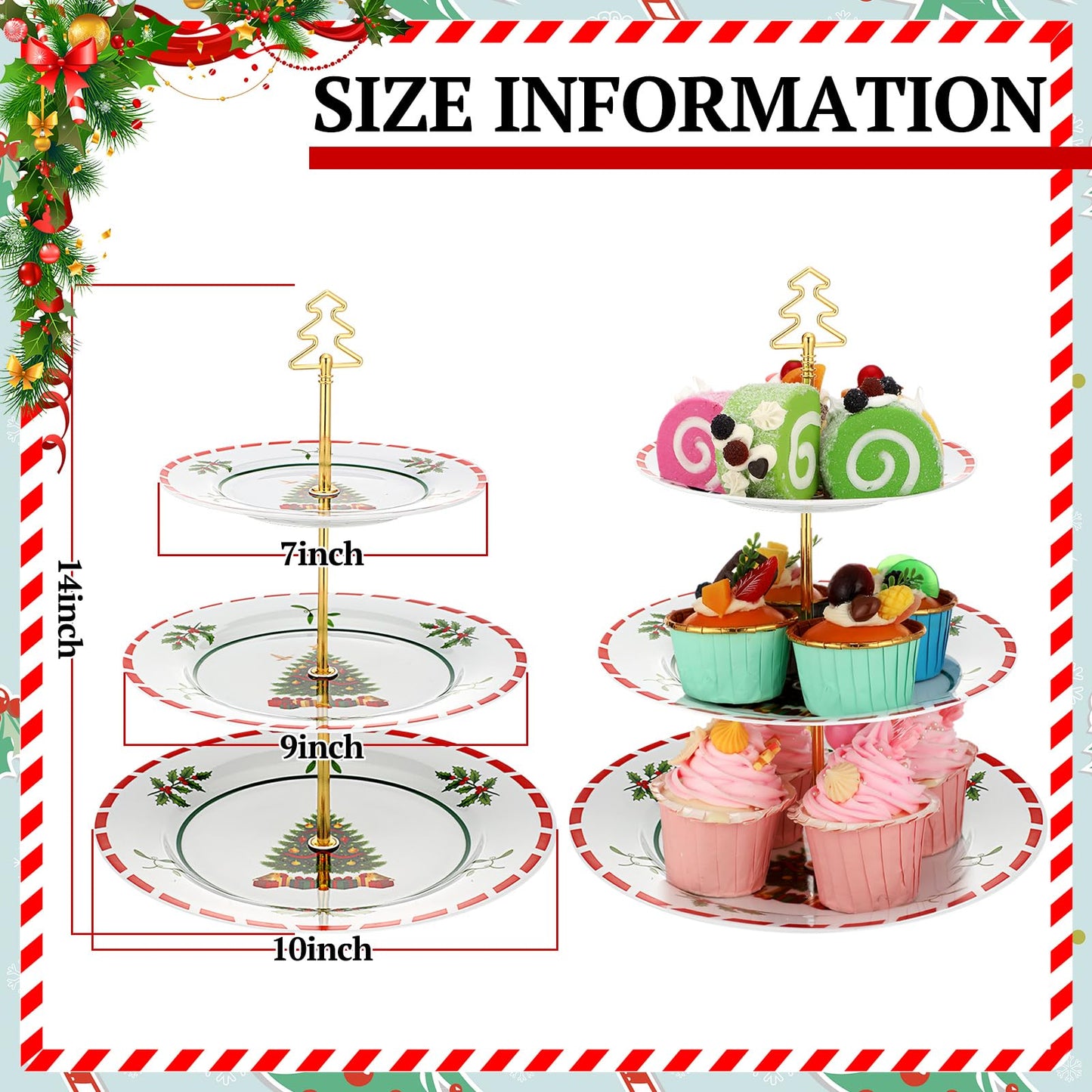 Lallisa 3 Tier Christmas Cake Stand 10", 9" and 7" Ceramic Xmas Tree Tiered Cupcake Display Holder Tower for Serving Food Cake Desserts Treats Holiday Party Decoration