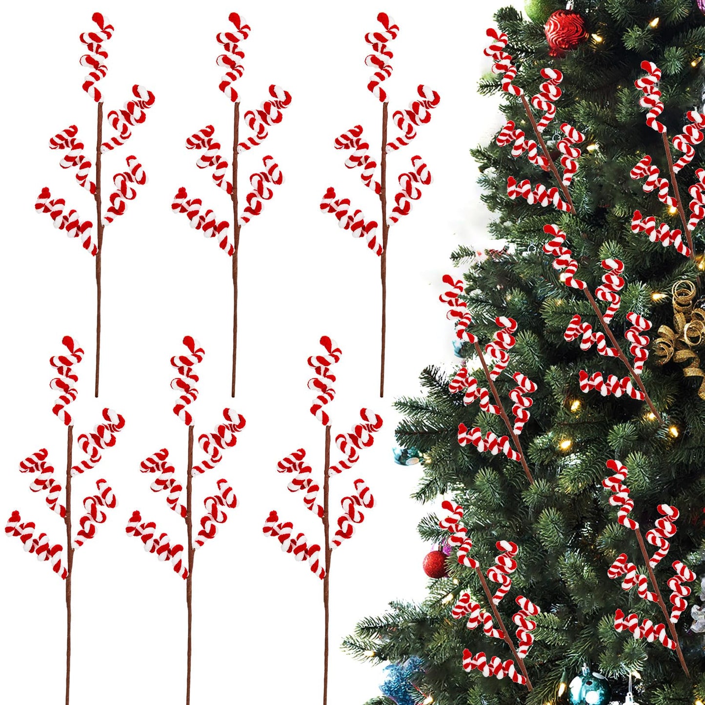 Briful 6 Pack 17.7" Candy Cane Christmas Picks Spray, Red & White Candy Christmas Ornaments Xmas Tree Picks for Holiday Wreath Garland Vase Arrangement Decor