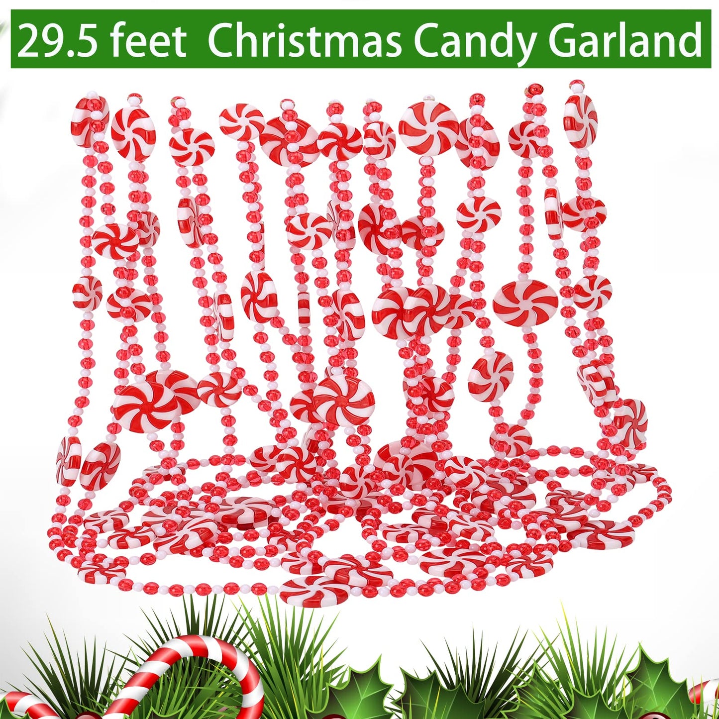 TFTAFAN 29.5ft Plastic Christmas Candy Cane Garland, Red & White, 21pcs, 354in, Artificial, Non-Lighted, Ideal for Christmas Tree, Fireplace, Indoor Decor