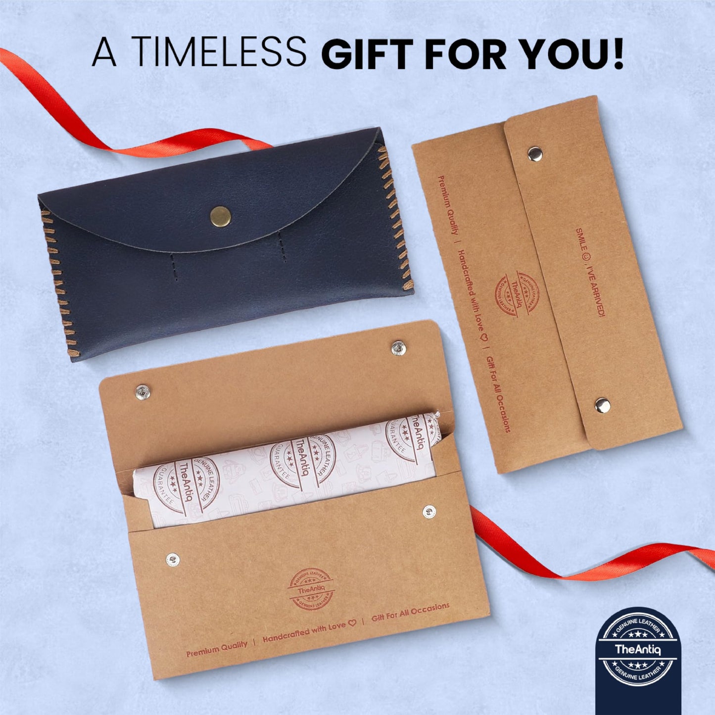 TheAntiq Navy Blue Leather Currency Pouch Money Bag with 3 Card Slots | Handmade Genuine Leather Currency Organizer For Men & Women | Dollar Bills Holder Bills Organizer