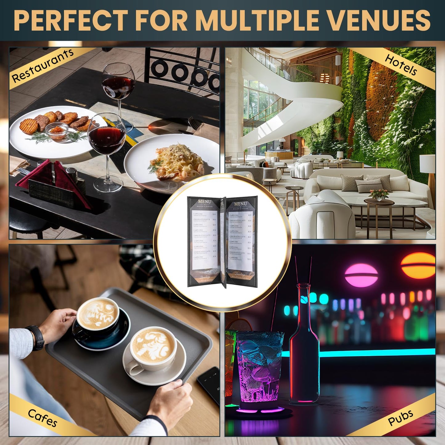 AMGSH 10 Pack 4 View Menu Holder Menu Covers 4.25" x 11" | 10 Pack Black Leather Menu Sleeves Book Style for Restaurant Coffee Bars Wine List (4 View, 10 Pack)