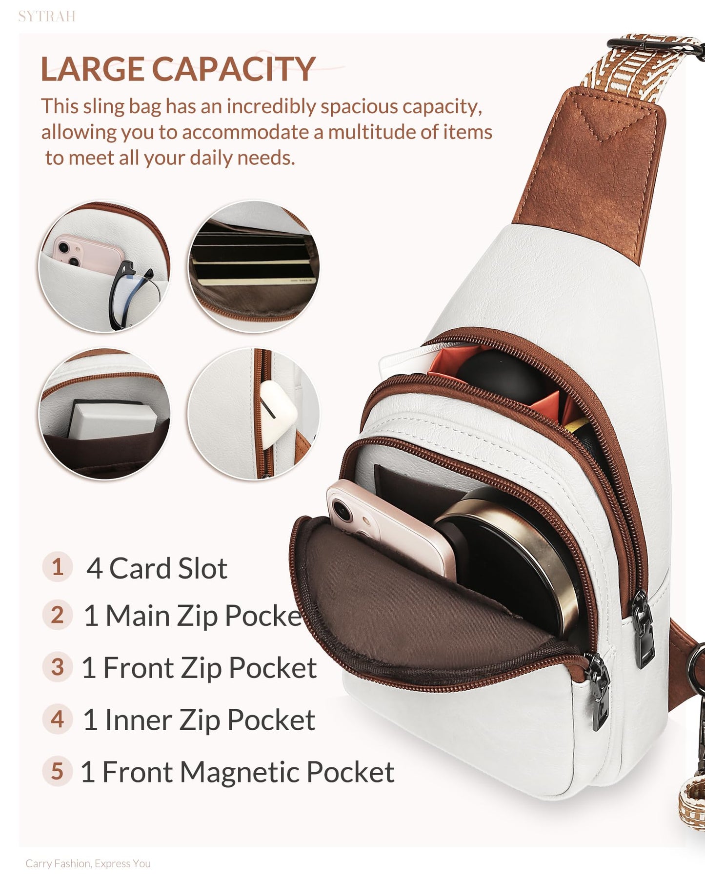 SYTRAH Sling Bag for Women, Crossbody Bags Purse for Women Trendy Vegan Leather Chest Bag with Adjustable Guitar Strap, Beige Brown