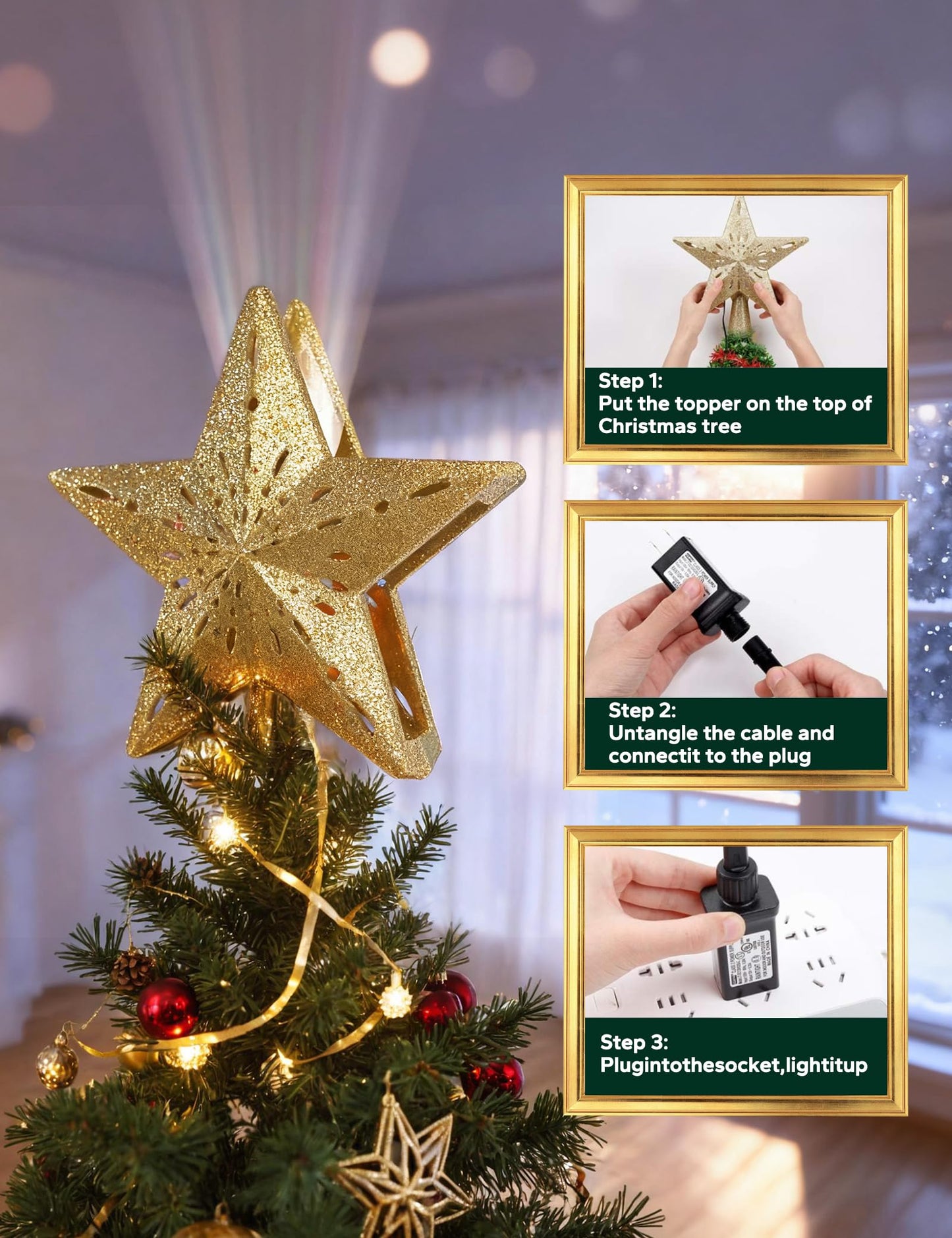 DG-Direct Christmas Tree Topper Lighted Star [Gold],3D Hollow Sparkling Star Christmas Tree Topper with Rotating Magic Cool White Snowflake Projector for Christmas Tree Ornament (Gold)