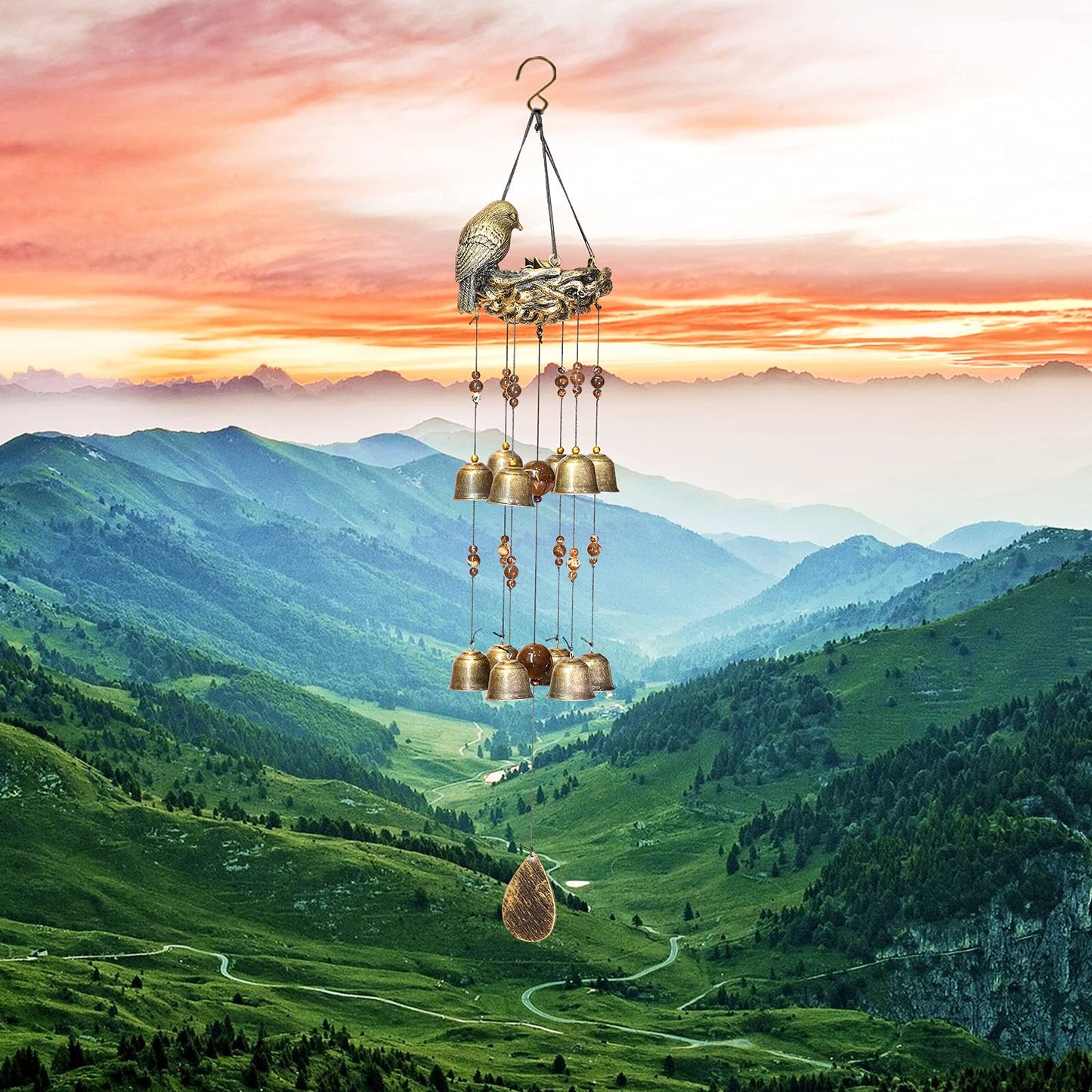 Bird Nest Wind Chimes,Wind Chimes for Outside with 12 Wind Bells for Glory Mothers Love Gift,Bird Bells Chimes Hanging Decoration for Outside Garden Yard Church, Bronze