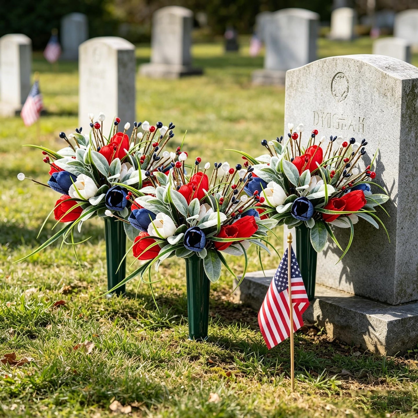 Memorial Day Flowers for Cemetery 2 Sets Artificial Patriotic Cemetery Flowers Red White Blue Roses with Berries & Lamb's Leaves for 250th Anniversary USA 4th of July Memorial Day Grave Outdoor Decor