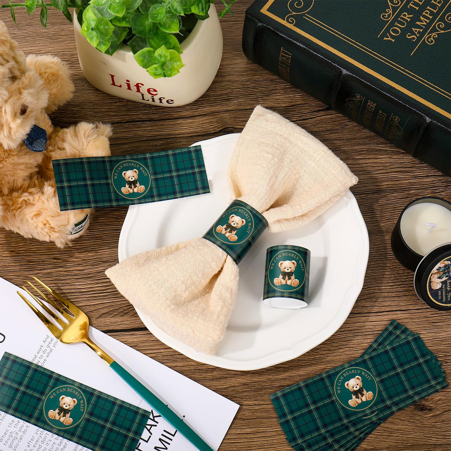 Whaline 200Pcs Tartan Plaid Bear Napkin Ring Cute Bear Self-Adhesive Napkin Holder Baby Shower Paper Dinner Table Ring for Birthday Gender Reveal Party Table Setting Decorations