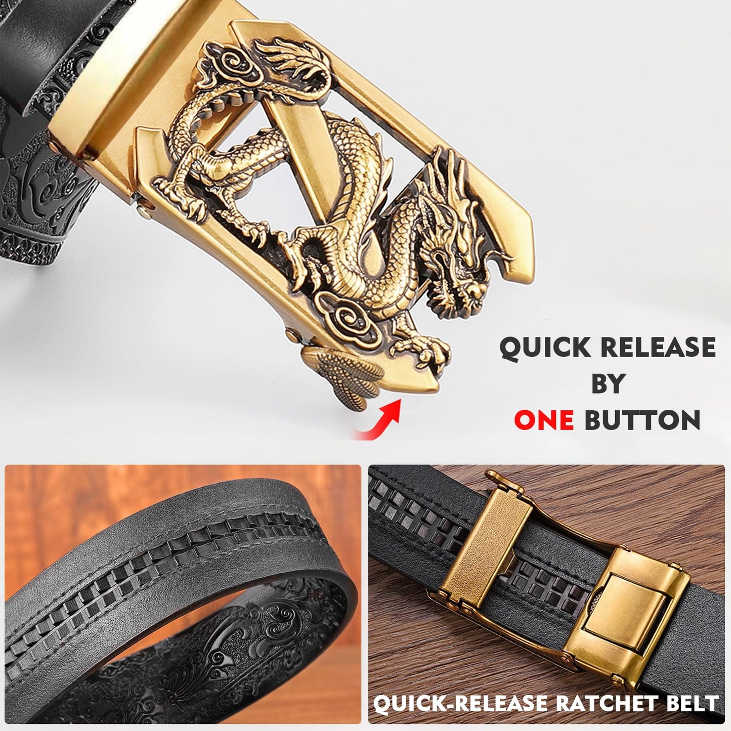VJK Luxury Men's Belts Engraved Vintage Dragon Head Automatic Buckle Alloy, Leather Men Waist Strap, Slide Easier Adjustable Belt, Cut To Fit, Men Dress Casual Ratchet Belt