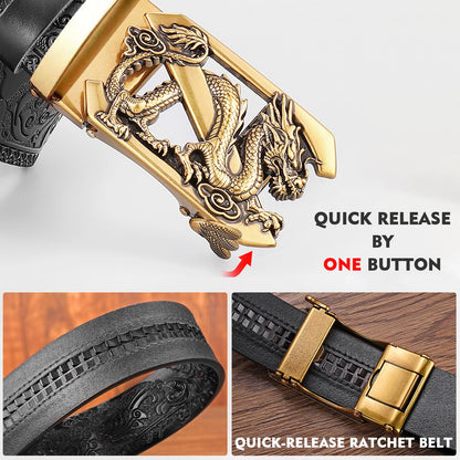 VJK Luxury Men's Belts Engraved Vintage Dragon Head Automatic Buckle Alloy, Leather Men Waist Strap, Slide Easier Adjustable Belt, Cut To Fit, Men Dress Casual Ratchet Belt