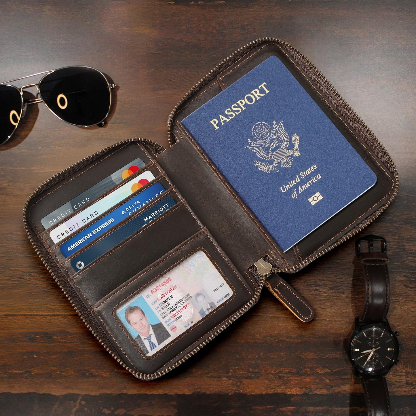 Polare Full Grain Leather Travel Passport Wallet With AirTag Slot RFID Blocking Passport Holder Soft Bifold Cover Case with YKK Zipper