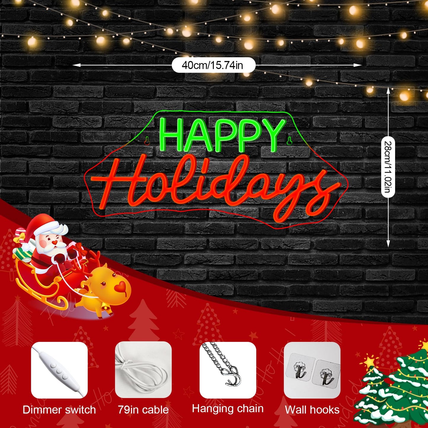 Horseneon Red Happy Holidays Neon Sign Merry Christmas Neon Signs for Wall Decor Christmas Tree Neon Light LED Sign with USB Powered for Party, Windows, Home Decor, Bedroom, Living room Warm