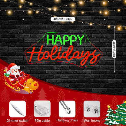 Horseneon Red Happy Holidays Neon Sign Merry Christmas Neon Signs for Wall Decor Christmas Tree Neon Light LED Sign with USB Powered for Party, Windows, Home Decor, Bedroom, Living room Warm
