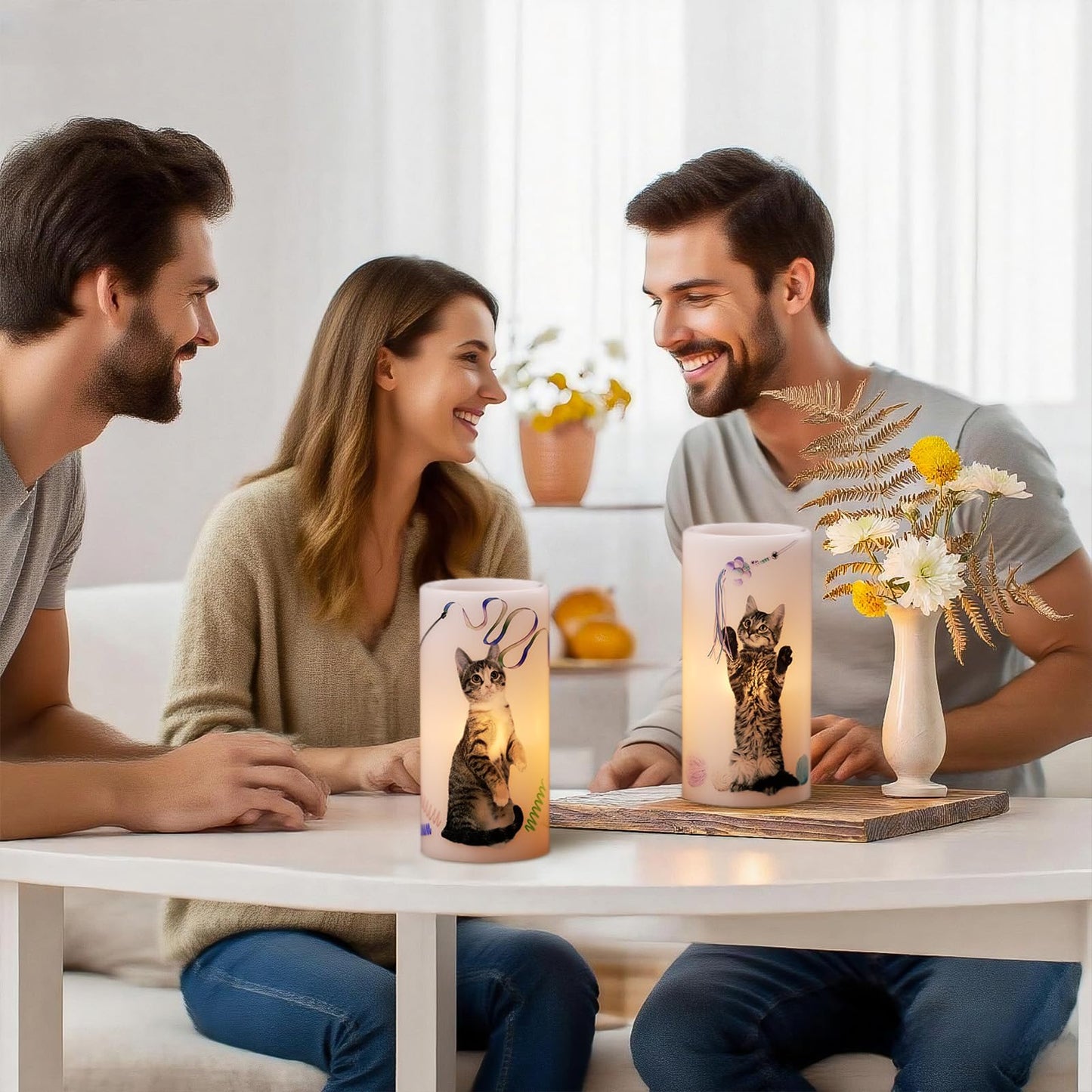 Wondise Flameless Flickering Candles with 6H Timer, Battery Operated Real Wax Pillar Candles with Lovely Cat Decal for Christmas Home Decoration Gifts