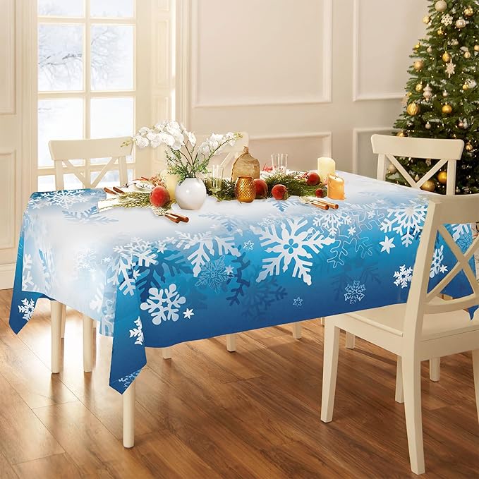 Snowflake Tablecloth 54"x108" Rectangle Blue White Snowflakes Fabric Dining Table Cover for Christmas Holiday Winter Wonderland Frozen Farmhouse Outdoor Picnic Camping Party Table Decor Supplies