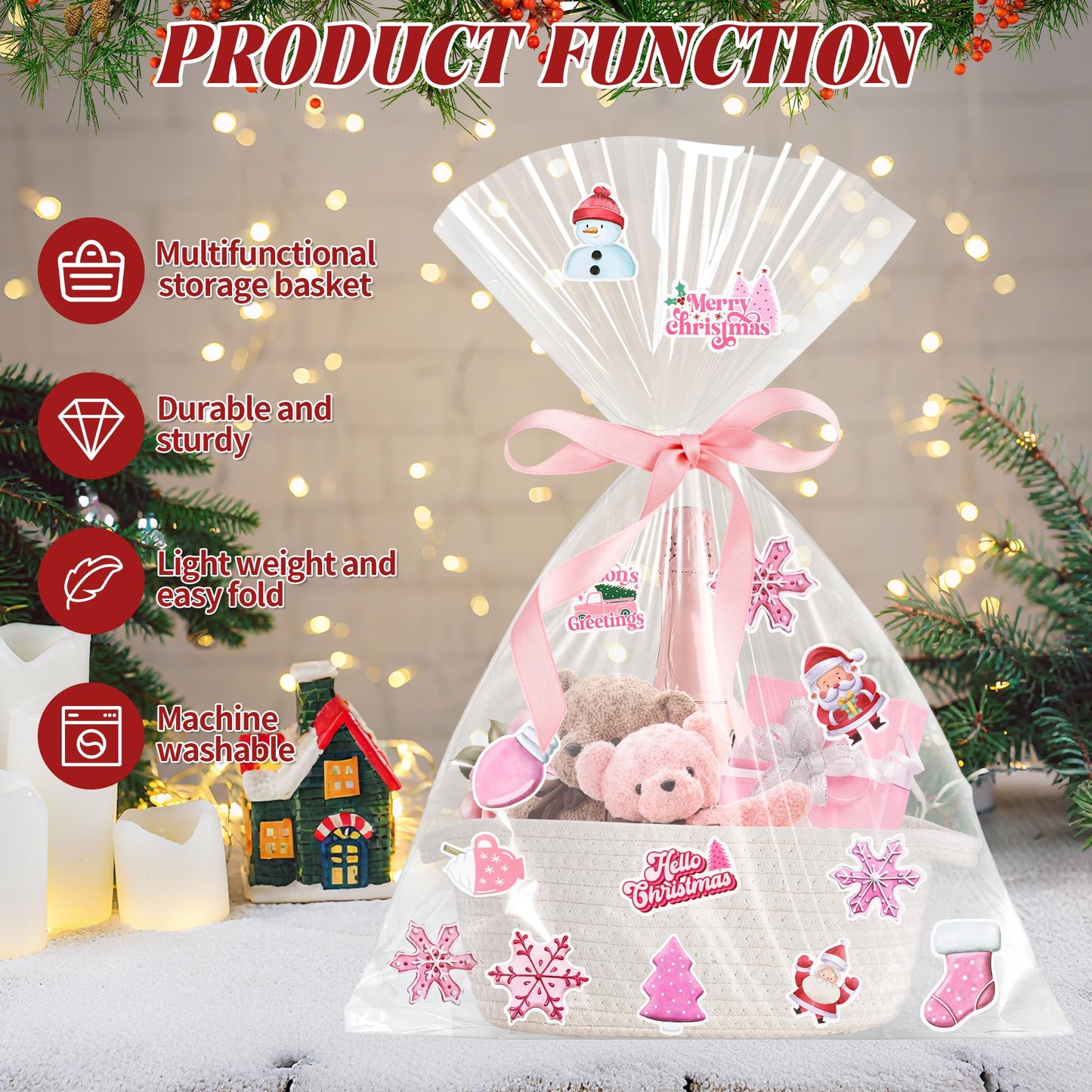 4pcs Valentines Day Gift Basket Empty, Pink Woven Basket with Handles, Decorative Rope Woven Storage Basket Valentines Gift Baskets with Gift Bags Sticker and Ribbons for Empty Decorative Gift Box
