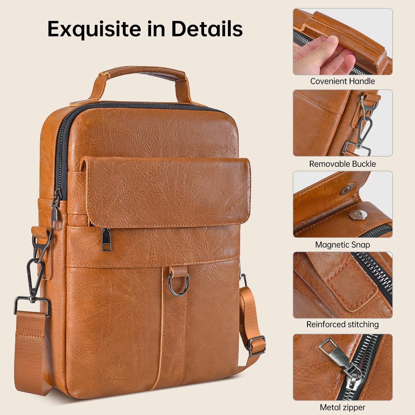 11 Inch Tablet Shoulder Bag Leather Carrying Case for 11 inch iPad A16, iPad Pro 11" M5 M4/ iPads Air 11" M4 M3 M2 2026 2025 with Magic Keyboard, Vertical Laptop Sleeve Messenger Computer Bag, Brown