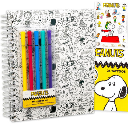 Peanuts Sketchbook Set - Bundle with Doodle Book Plus Markers, Stickers, Tattoos for Kids, Adults | Snoopy Journal Notebook Stationery Drawing Kit