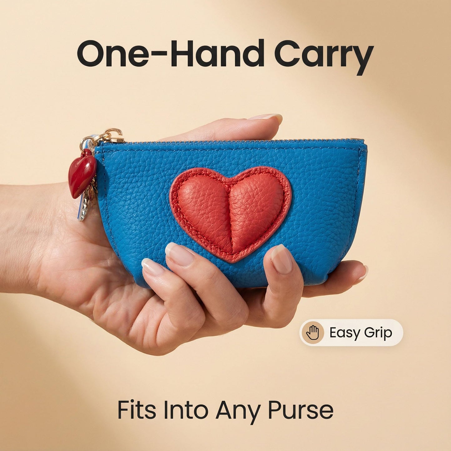 Red Heart Design Small Coin Purse - Cute Compact Keychain Change Purse Soft Leather Wallet with Zipper for Women (Blue)