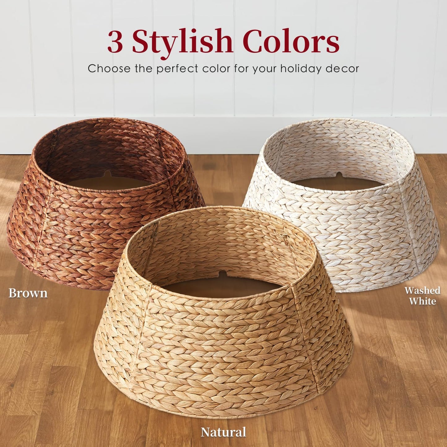 24in Hyacinth Christmas Tree Collar - Woven Rattan Basket for Christmas Tree Base Cover, Holiday Decoration for 4ft 6ft 7.5ft Artificial Trees with Cord Cut-Out(Natural)