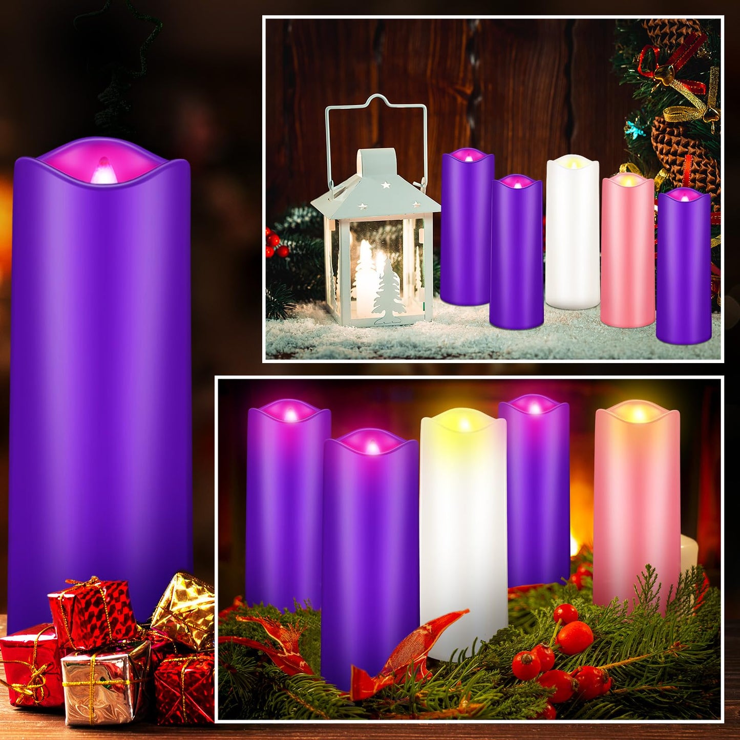 Mudder 5 Pcs Christmas Advent Pillar LED Flameless Candles - Purple, Pink, White Taper Candles for Wreath
