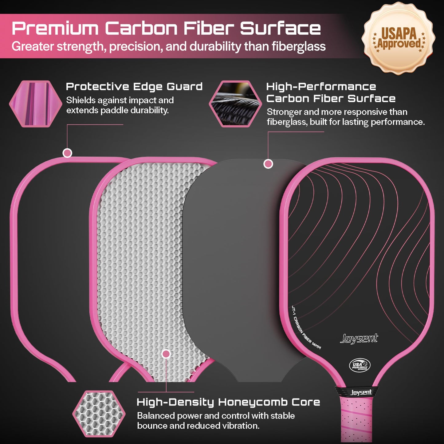 Joysent Pickleball Paddles Set, USAPA Approved Carbon Fiber Pickleball Set of 2 with Beginner Pickleball Rackets, Indoor Outdoor Pickle Balls for Adults Men Women, JT-1
