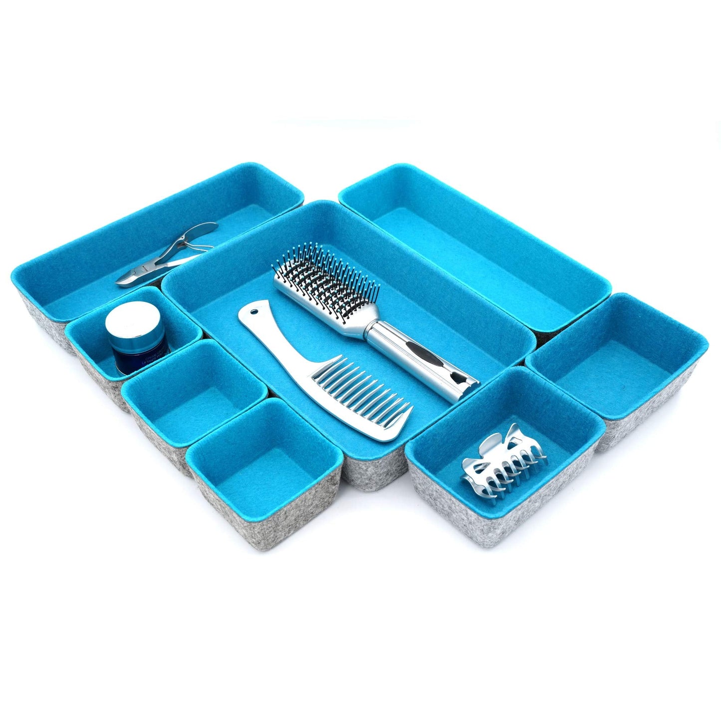 Welaxy desk drawer organizer tray felt storage bin for home office entryway catchall key holder makeup crafts pens decluttering 8-piece gift Solution (Turquoise)