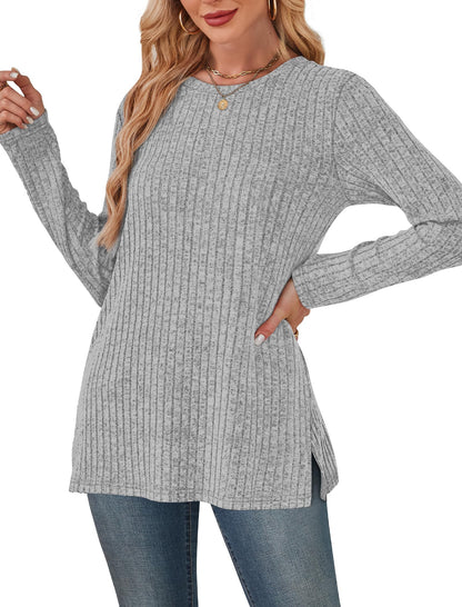 SAMPEEL Womens Sweaters Crewneck Long Sleeve Shirts with Pockets Fall Outfits 2025 Fashion Winter Clothing Side Slit