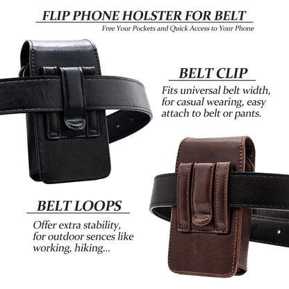 TarbicGear Leather Flip Phone Case with Belt Clip, Pouch for Kyocera & TCL & Nokia Flip Phone Holster for Belt, Cat S22 Case, Phones Sheath, Sonim XP3 Plus Magnetic Phones Pouch (Black)