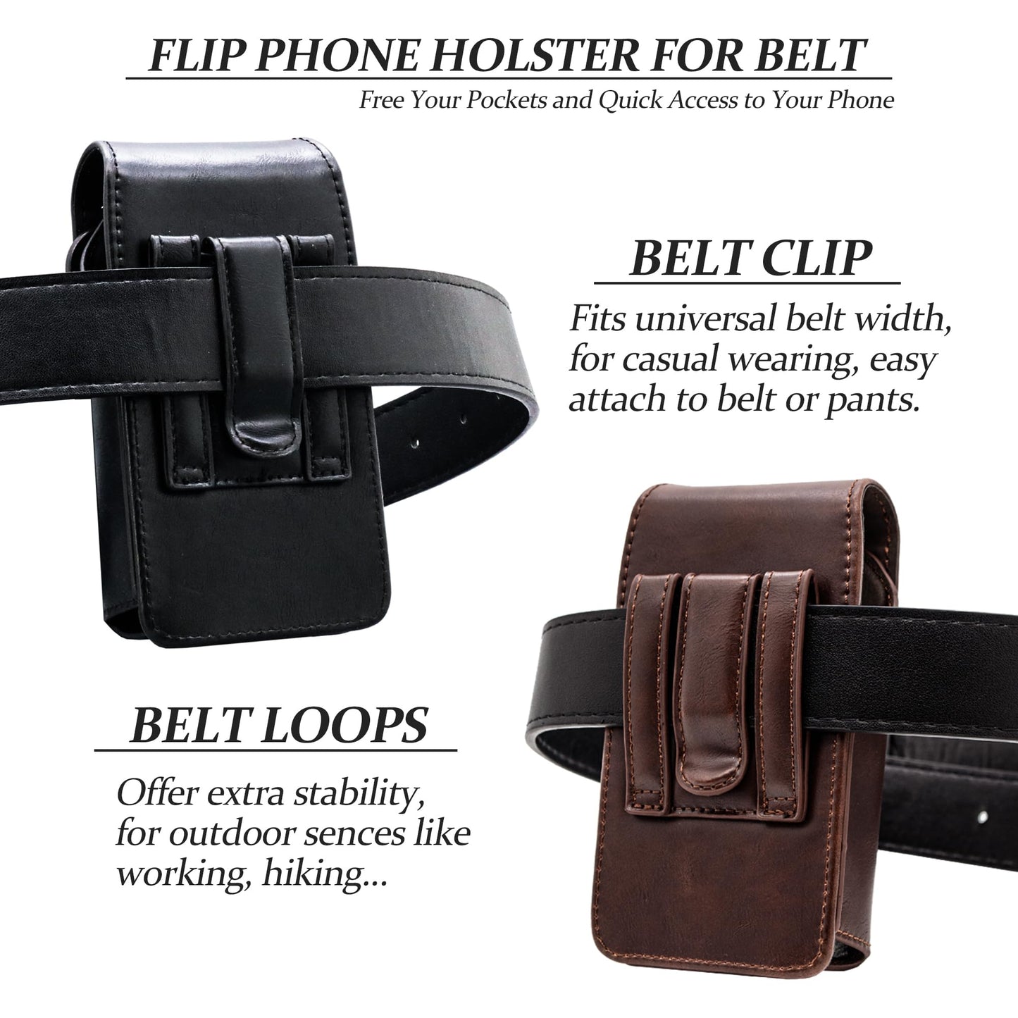 TarbicGear Leather Flip Phone Case with Belt Clip, Pouch for Kyocera & TCL Flip Phone Holster for Belt, Cat S22 Flip Case, Nokia Flip Phones, Sonim XP3 Plus Magnetic Phone Pouch, Brown Color