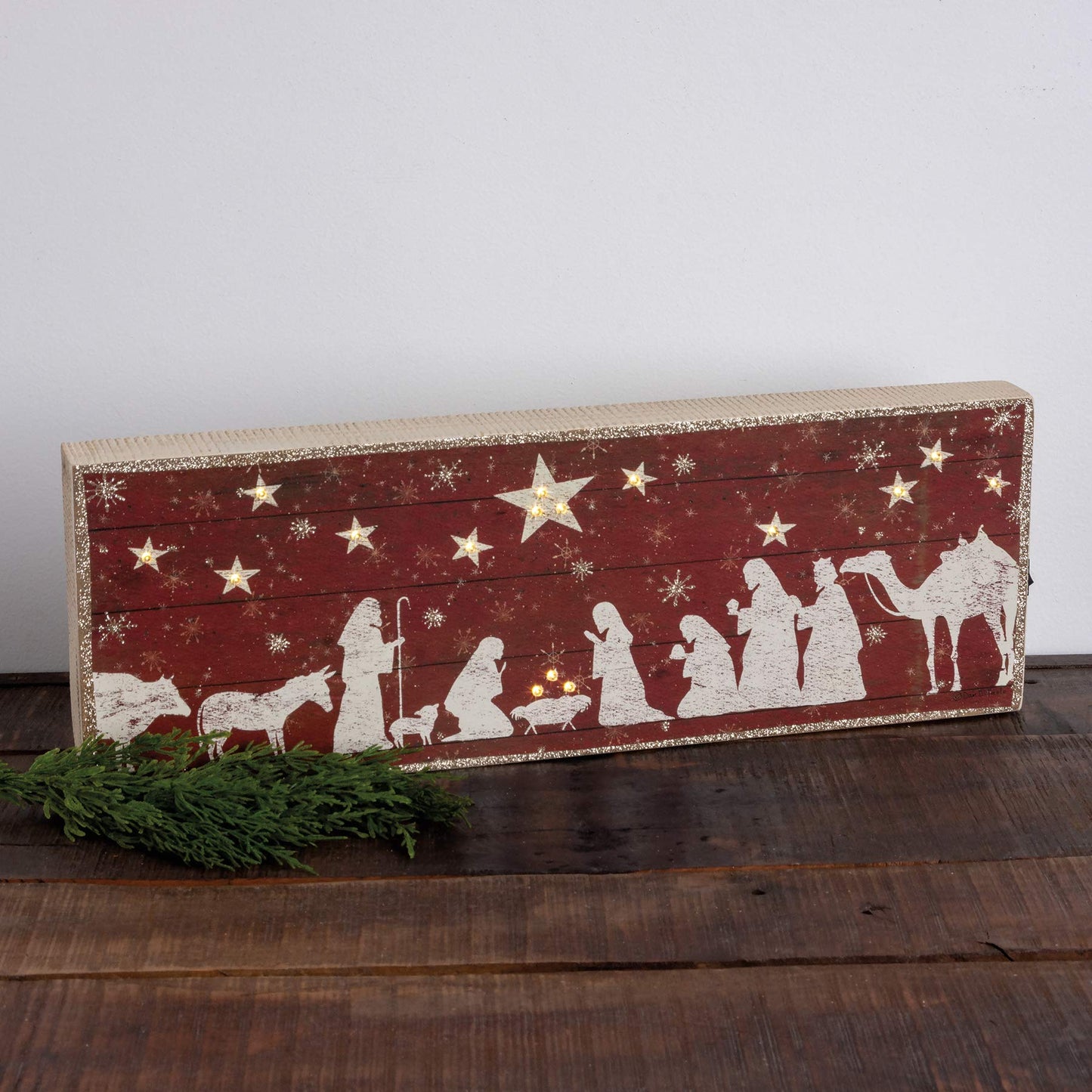 Primitives by Kathy Rustic Christmas LED Lighted Box Sign, Nativity Scene